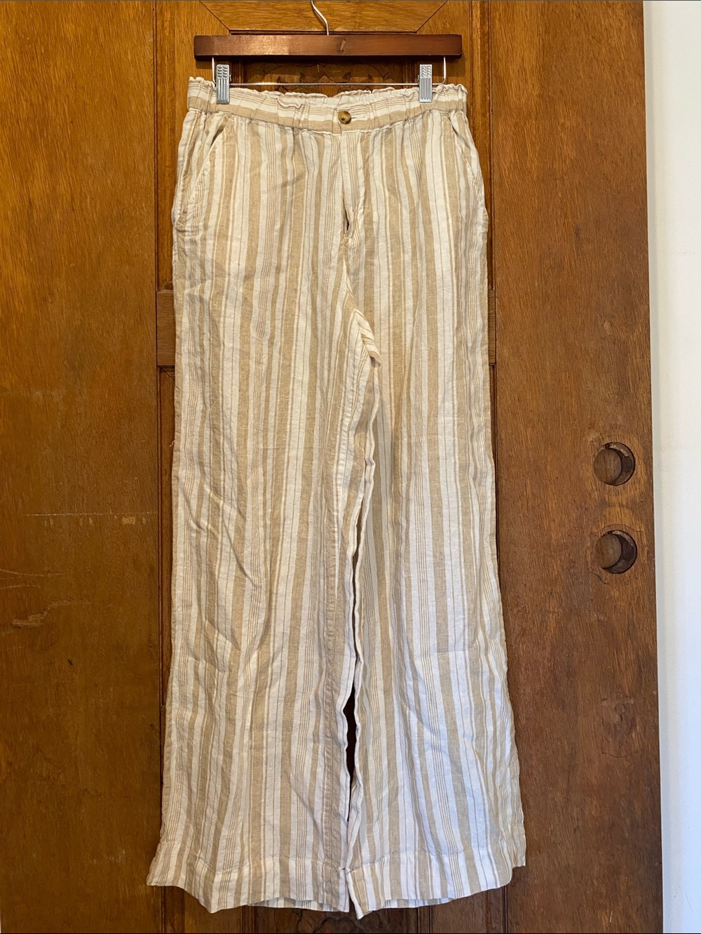 Faherty 100% linen Beige White Stripe Wide-Leg Pants trouser pockets MEDIUM